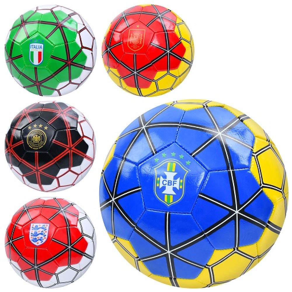 М`яч футбольний EV-3385 розмір 5  ПВХ 1 8мм  300-320г  5 видів (країни)  в пакеті
