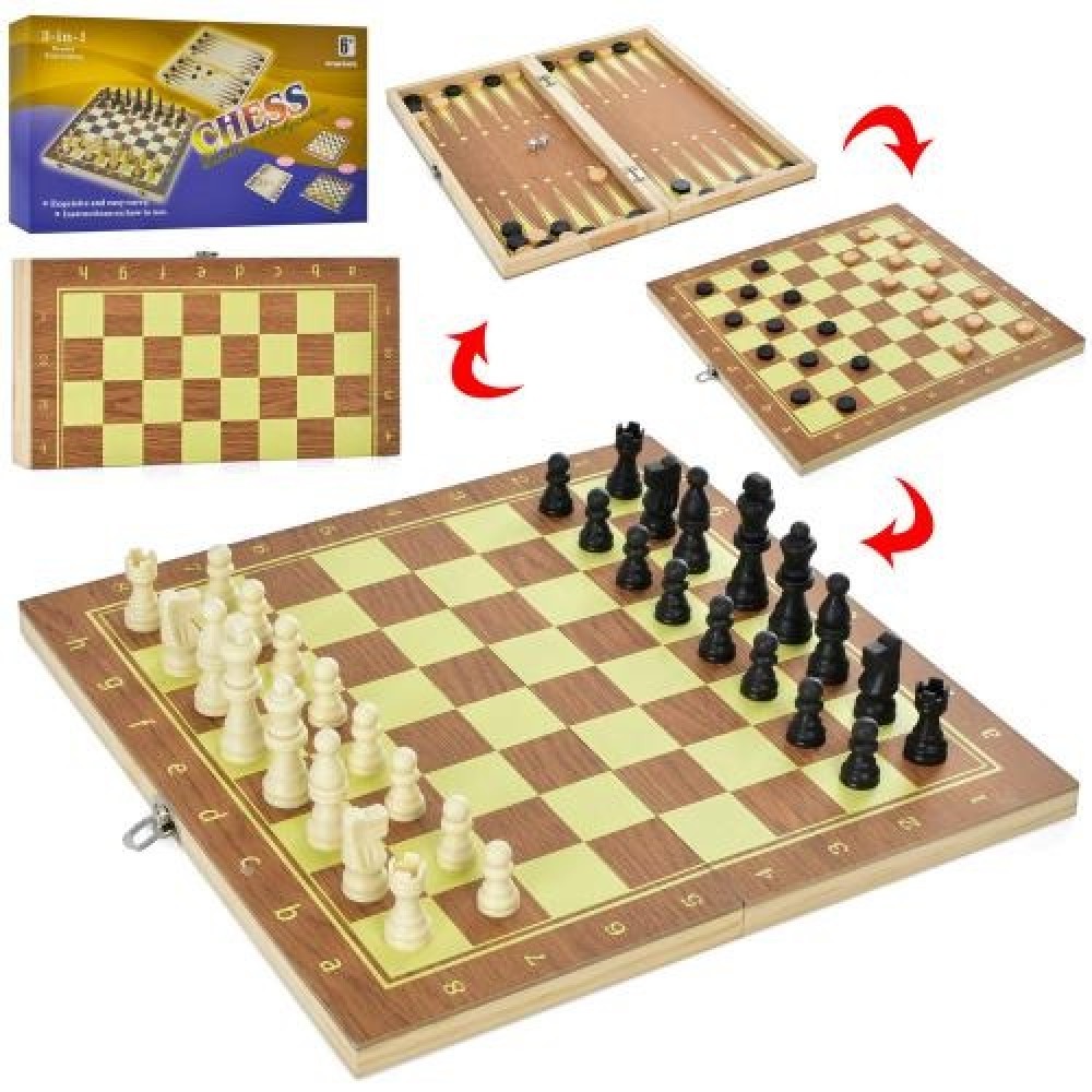Шахи дерев`яні 3 в 1 QP002-1 (шашки  нарди) кубики  шахм.фігури-пластмас  в коробці 35х18х3 см