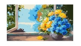 Картина по номерах Букет квітів на вікні 50х25 см 3 рівень склад. 24 кол. пензлик(WW181)Strateg