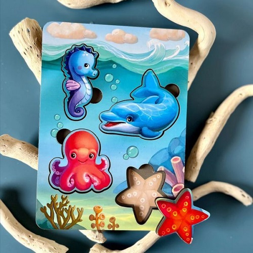 Дерев`яна іграшка вкладиш Морські тварини – 1(фон із підказкою) ПСФ055 розмір 16х12 см