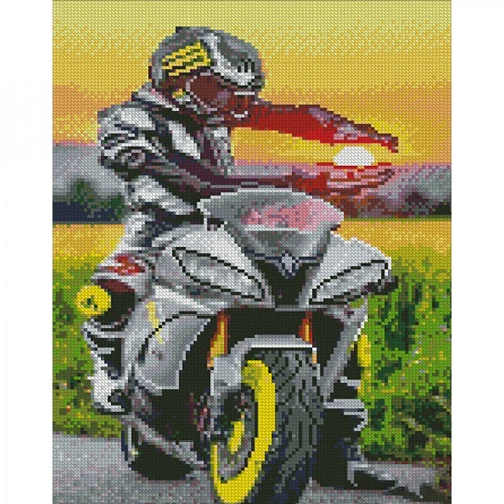 Картина діамантова STRATEG Мотоцикліст на заході сонця 30х40 см KB006 3 рів.скл. 30 кол.