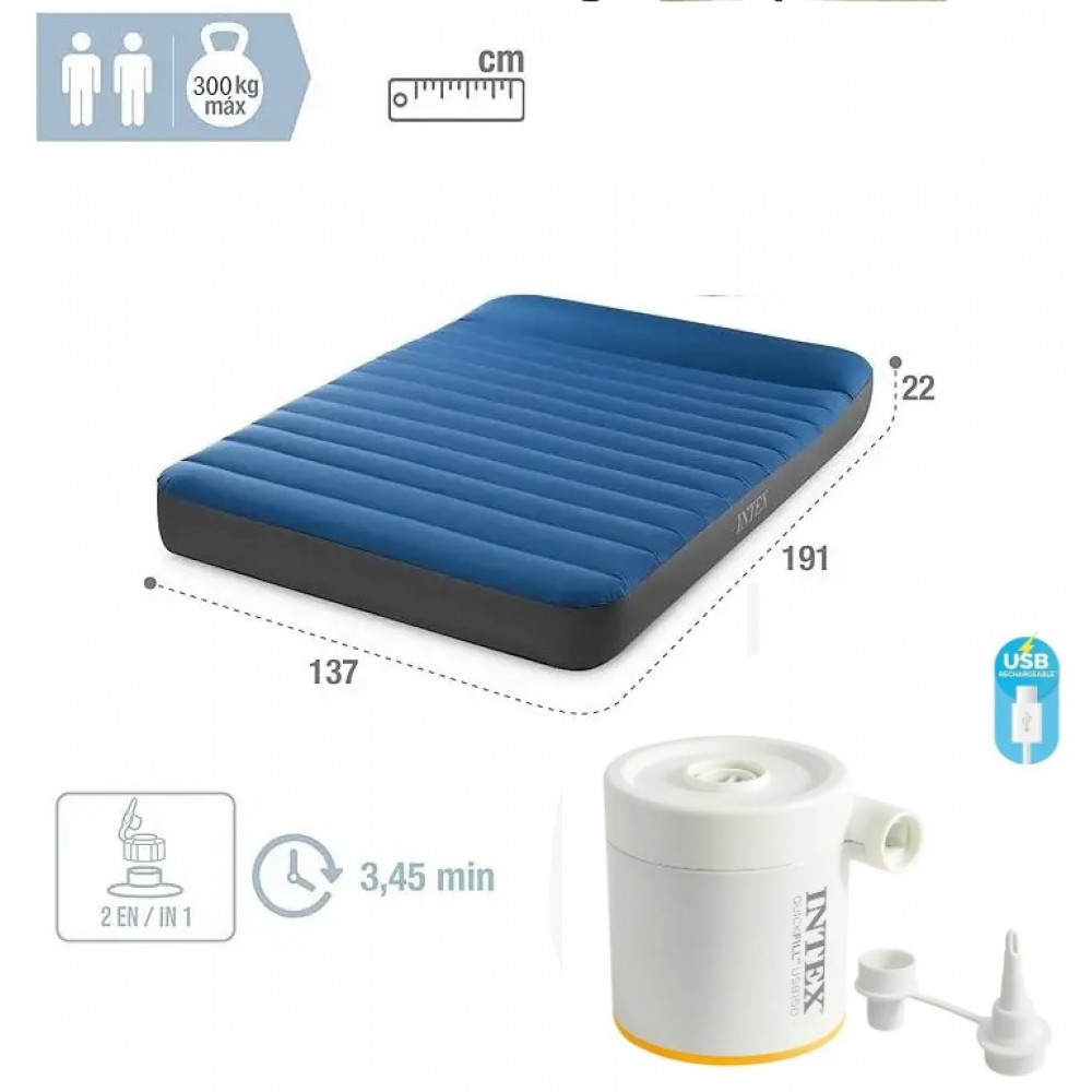 Велюр матрац INTEX надувний 64012 з електричним насосом від USB  р.137х191х22 см