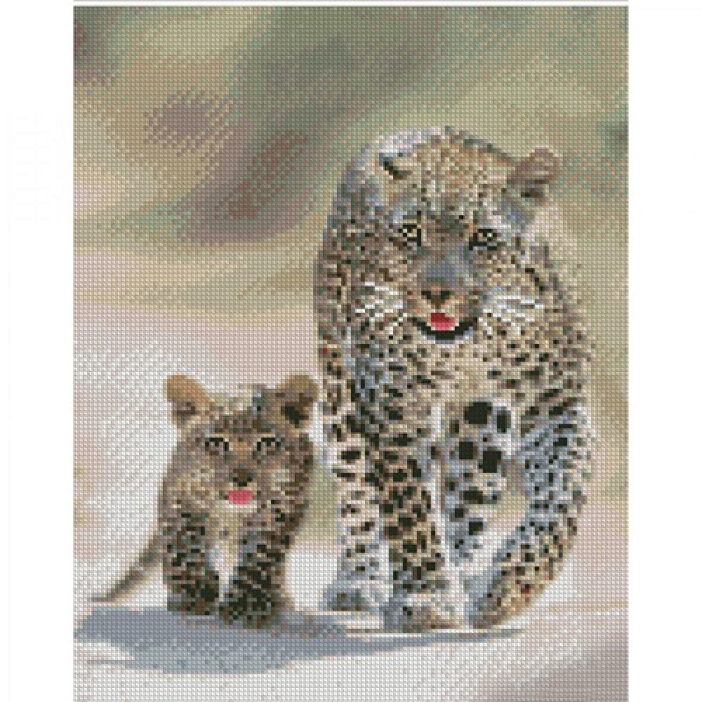 Картина діамантова STRATEG Леопардова сімейка 30х40 см (KB033) 3 рівень складності 25 кольорів