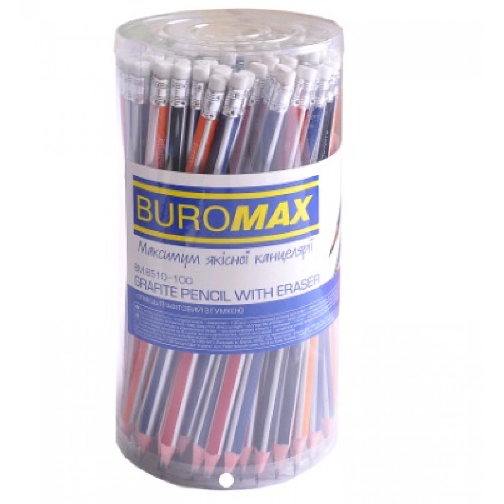 Олівці BUROMAX 8510-100 графітові з гумкою  НВ тригранні 2 2мм  туба (100 шт.в упаковці)