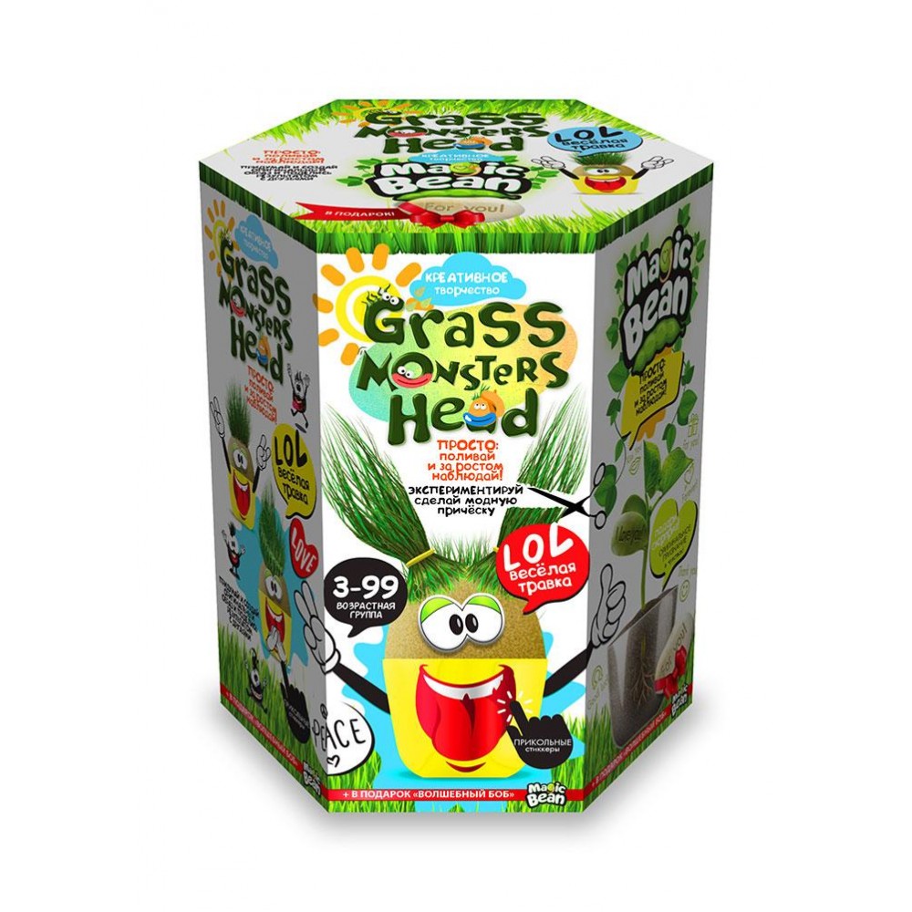 Набір для пророщування рослини Grass Monsters Head 01 (поливай і спостерігай)+Чарівний Біб ДТ
