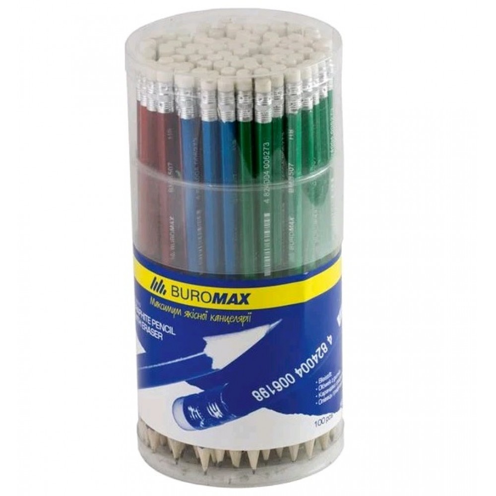 Олівці BUROMAX 8507-100 графітові з гумкою  HB  в тубусі (100 шт.в упаковці)