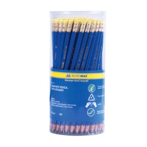 Олівці BUROMAX 8514-100 графітові з гумкою  HB  в тубусі  пластиковий  синій(100 шт.в упаковці)