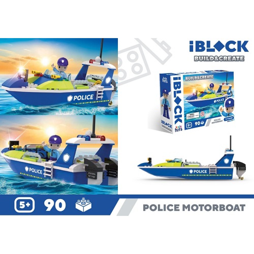 Конструктор Поліцейський човен 90 дет.  Kids hits IBLOCK JUNIOR KH41/002/2 в коробці 24х16х6см