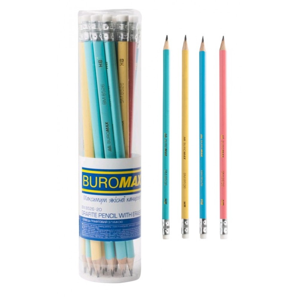 Олівці BUROMAX 8526-20 графітові з гумкою  HB  в тубусі   PASTEL (20 шт.в упаковці)