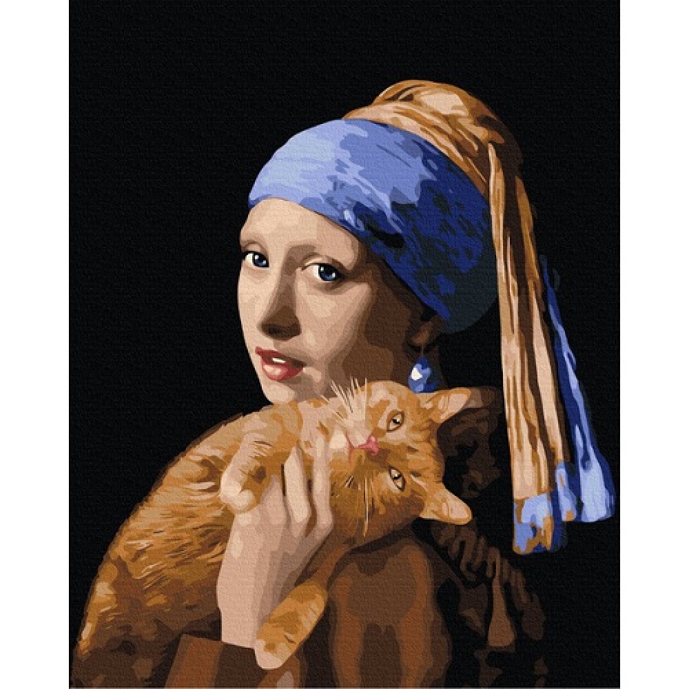 Картина за номерами на полотні 40*50 см Дівчина з рудим котиком з акрил.фарбами 4 рівеь склад.