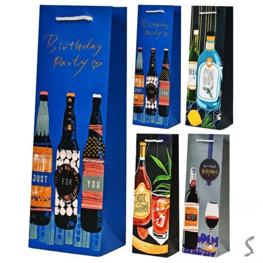 Пакет подарунковий паперовий під пляшку  Birthday party  12*9*36см R95014 (12 шт. в упаковці)