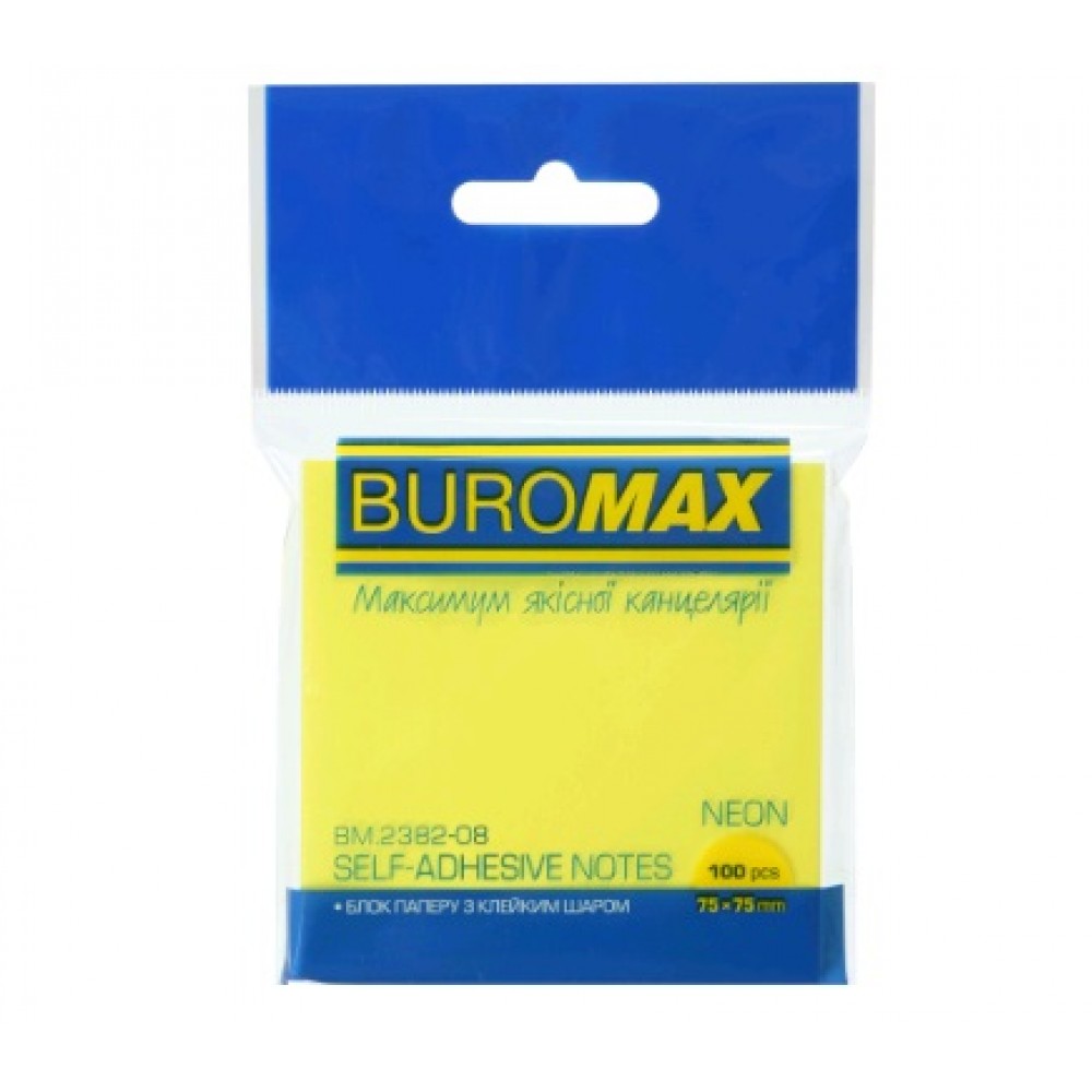 Блок для нотаток BUROMAX 2382-08  NEON  100арк. 75х75мм  жовтий  (1/12)